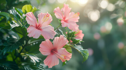 Obraz premium Pink hibiscus flowers with lush green leaves in a tropical garden setting, bathed in soft sunlight with a blurred greenery background, ideal for garden ads.