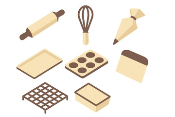 Essential kitchen baking tools and equipment set in modern isometric style