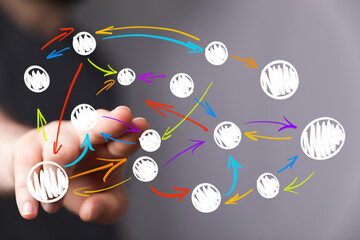 Abstract digital network illustration with interconnected circles and arrows, symbolizing communication, data flow, global business, and modern