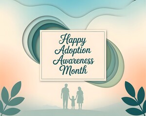 Happy adoption awareness month with family silhouette and paper cut design