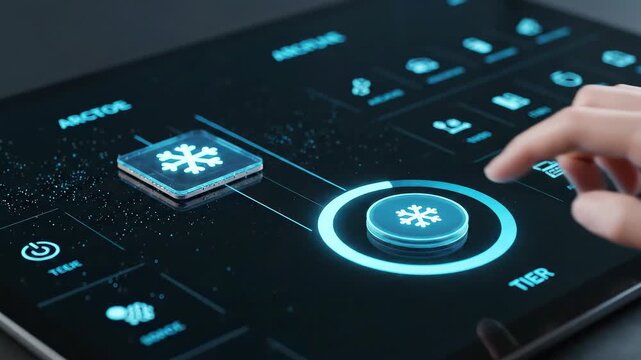 Archive Strategy: Tier Selector slides a cold chip onto an archive lane; the status ring fills to icy mint and rests, highlighting policy-driven placement that reduces spend while preserving complianc