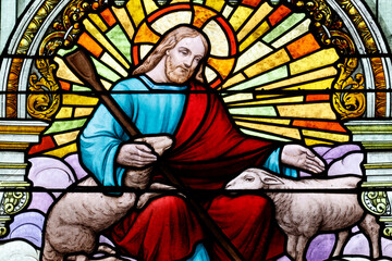 Saint Jacques church.  Stained glass. Jesus the good shepherd. Angers. France. © Godong Photo