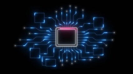 Glowing blue circuit board lines and squares on black background with central processor chip technology