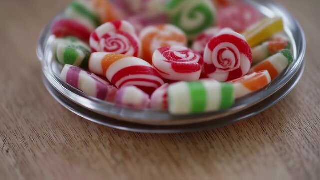 Colorful candies in a glass dish on a wooden table