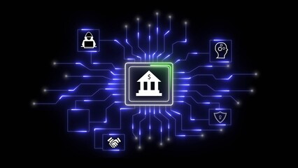 Digital circuit board with bank icon and surrounding icons representing security technology and human interaction