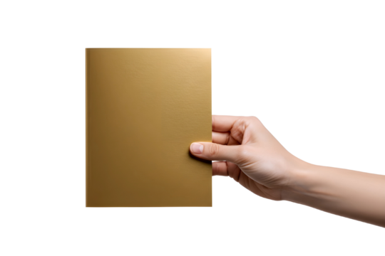 Hand holding a blank golden brown cardboard book or box isolated on transparent background