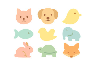 Set of adorable simple pastel colored animal icons and heads featuring various creatures