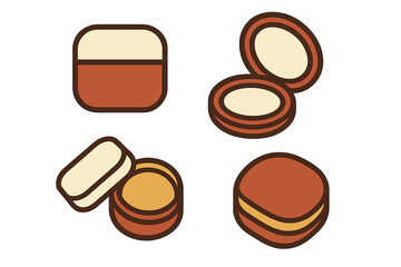 Assortment of cosmetic compacts and beauty product containers rendered in modern flat design style