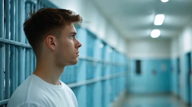 Young Man in Prison Corridor; Contemplative; Imprisonment; Reflection; Possible use for social issues or human rights themes