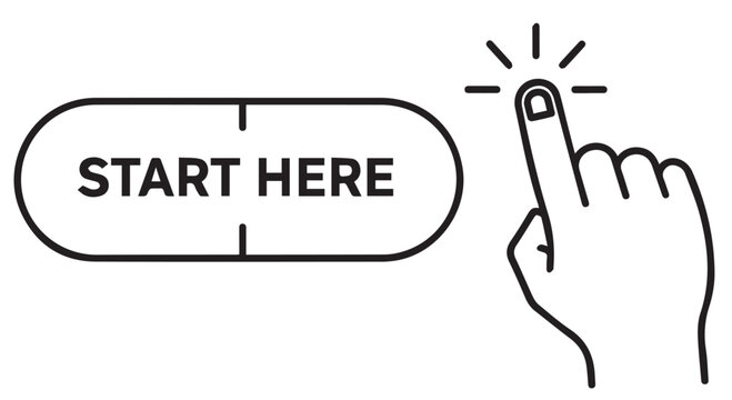 Start here button with a finger pointing to it, isolated on transparent background