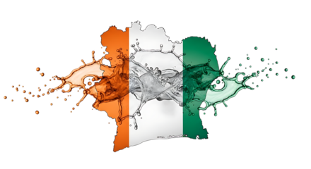 Artistic splash of cte divoire flag isolated on transparent background, showcasing the nations colors and spirit in a dynamic and expressive manner, symbolizing unity and cultural identity