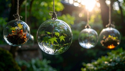 Hanging glass spheres filled with green autumn leaves, cozy fall decoration photo
