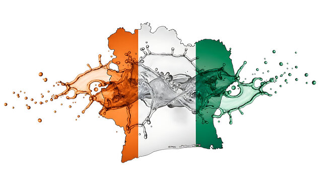 Artistic splash of cte divoire flag isolated on transparent background, showcasing the nations colors and spirit in a dynamic and expressive manner, symbolizing unity and cultural identity