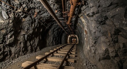 Exploring a dark abandoned coal mine tunnel with old railway tracks
