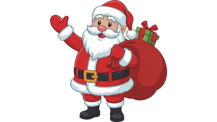 Cheerful cartoon santa claus with a gift bag waving hello isolated on transparent background