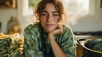 Young woman with naturally dyed hands smiles, embodying mindful eco-crafting and sustainable textile art.