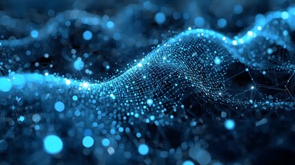 A glowing mesh of blue nodes and lines undulates like a wave across a dark background, symbolizing data flow, neural networks, and futuristic digital landscapes with depth and motion.
