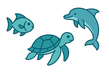 Obraz premium Cute cartoon marine animals set with fish sea turtle and dolphin swimming
