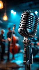 Close-up of a retro microphone on a jazz club stage, surrounded by blue and orange lights.
