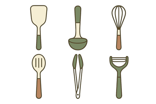 Collection of six common kitchen utensils and cooking implements on white background