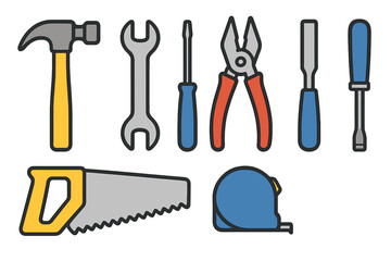 Essential collection of construction and home improvement hand tools including hammer, wrench, and saw