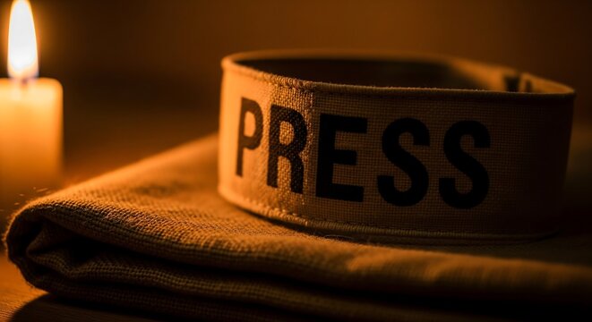 Warm candlelight illuminating a press armband on aged cloth, symbolizing remembrance