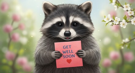 Raccoon holding greeting card with text get well soon in natural outdoor setting
