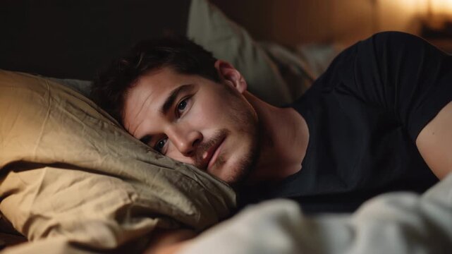 Pensive young man suffering from insomnia lying awake in his bed at night, looking thoughtfully with open eyes, unable to fall asleep because of stress, anxiety, or bad dreams