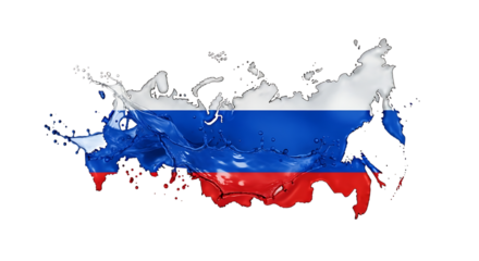 A vibrant representation of russias geographical outline, isolated on transparent background, artistically rendered with the colors of the russian flag merging into dynamic liquid splashes, symbolizin