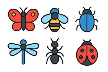 Obraz premium Set of six colorful stylized insect and bug icons including butterfly bee ladybug ant and dragonfly