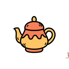 Hand Drawn Orange and Yellow Teapot with Wavy Design Isolated on White Background Simple Doodle Art