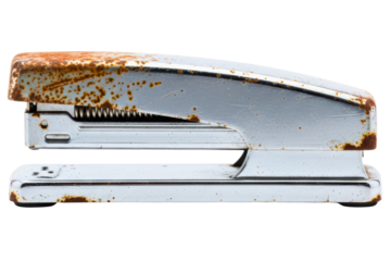 Side profile of an old metal office stapler with rusty spots isolated on a transparent background