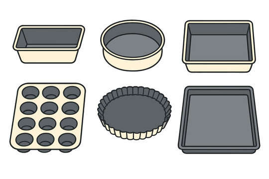 Set of essential kitchen bakeware including loaf pan, cake pan, muffin tin, tart pan, and baking sheet