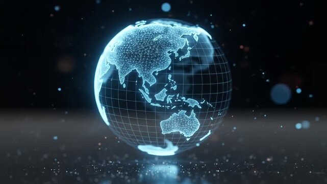 Glowing digital globe shows continents and gridlines against dark background.