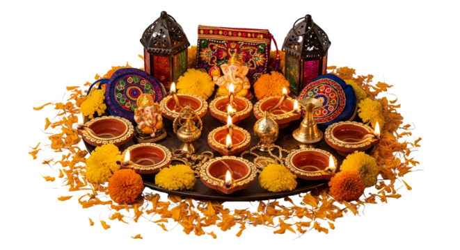 Diwali Gift Set With Small Diyas, Decorative Lamps, and Festive Home Decor Items Arranged on Transparent Background - Powered by Adobe