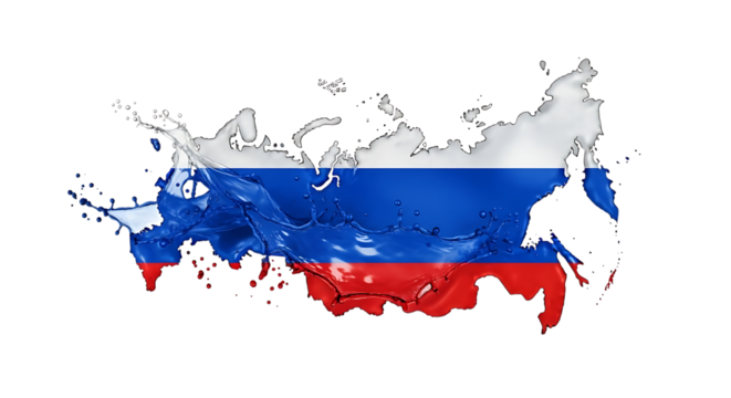 A vibrant representation of russias geographical outline, isolated on transparent background, artistically rendered with the colors of the russian flag merging into dynamic liquid splashes, symbolizin