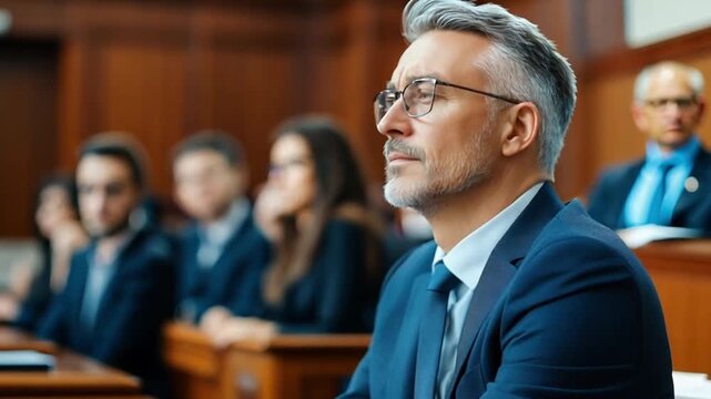 Focused Man in Courtroom Listening
