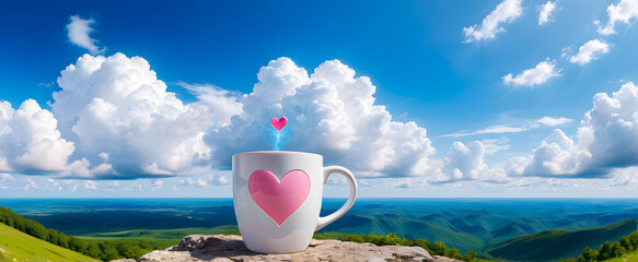 Heart mug with floating hearts in peaceful nature landscape under blue sky. Romantic love illustration with heart cup, clouds, and calm ocean view. Heart themed art showing love and peace.