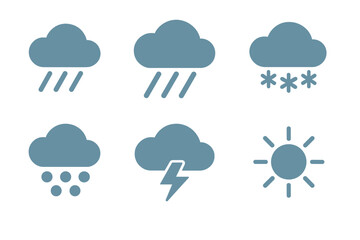 Obraz premium Set of six monochromatic weather symbols showing sun, rain, snow, thunderstorm, and cloudy conditions