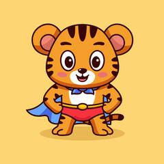 Adorable Pixel Art Tiger Character Dressed As A Superhero With A Blue Cape Red Tights And A Belt Against A Plain Yellow Background