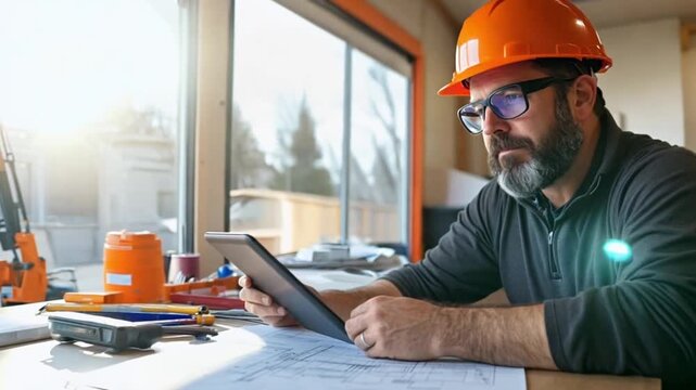 Construction worker reviewing blueprints on tablet