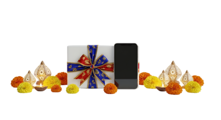 Modern Diwali Gift Hamper With Wrapped Box, Smartphone, and Decorative Lanterns Surrounded by Marigolds on Transparent Background