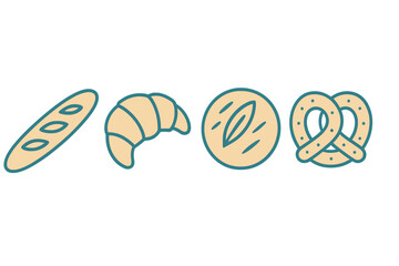 Minimalist set of baked goods shapes including baguette, croissant, round loaf, and salty pretzel