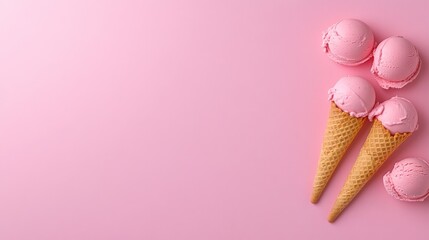 Pink Ice Cream Delight: Scoops and Cones on Pink Background