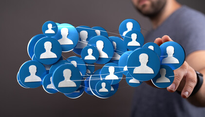 An image featuring a network of people icons held in a hand, symbolizing connections, networking, and community in a digital world.