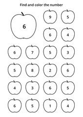 Learning worksheet for kids, find and color numbers. Educational game to recognize the shape of the number 6. Vector illustration in A4 format.