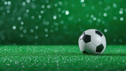 Soccer Ball on Green Field with Sparkling Background