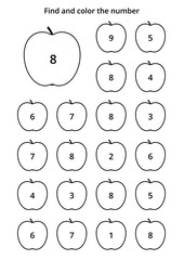 Learning worksheet for kids, find and color numbers. Educational game to recognize the shape of the number 8. Vector illustration in A4 format.