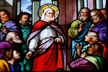 Saint Louis church.  Stained glass. jesus and his apostles.  La Roche sur Yon. France.