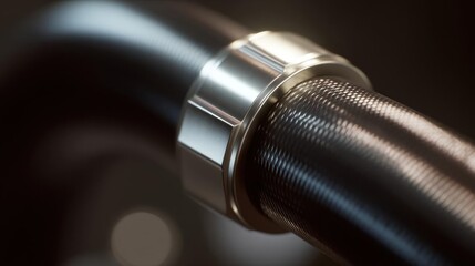 Close-up of a black hose with a silver-colored connector attached to it. the connector has a cylindrical shape with a threaded end and a small hole in the center.